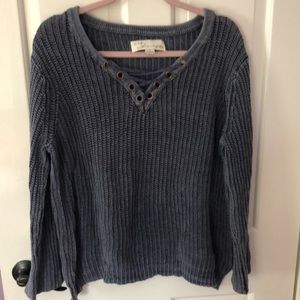 V-neck Blue Sweater with lace up detailing